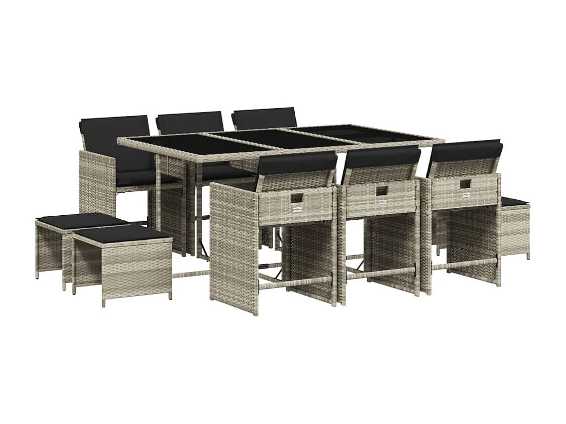Set Pranzo Giardino 11pz con Cuscini Grigio Chiaro Polyrattan