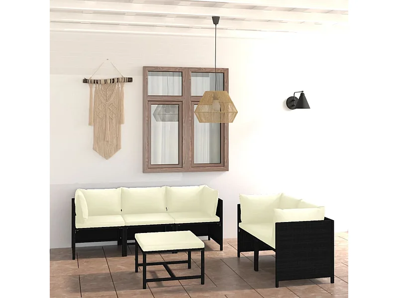 Salon de jardin 6 pcs avec coussins Résine tressée Noir