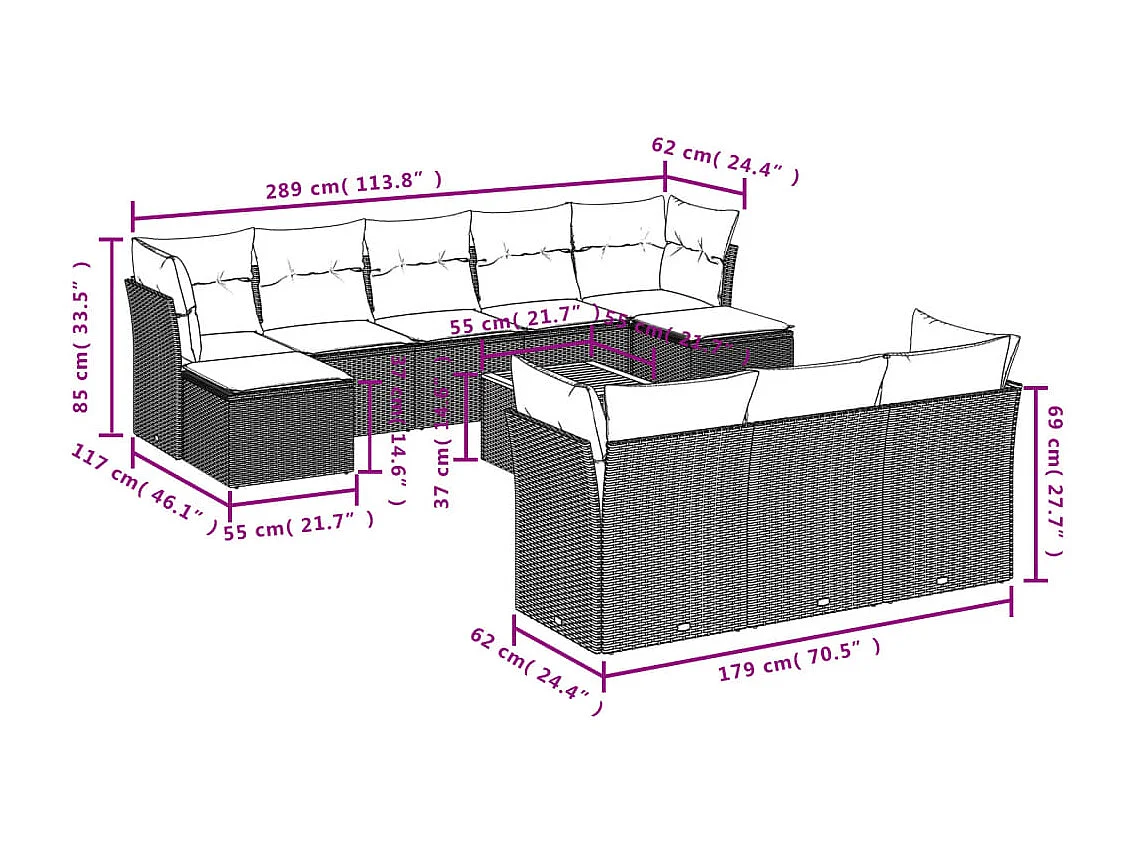 11 pcs conjunto sofás de jardim c/ almofadões vime PE preto