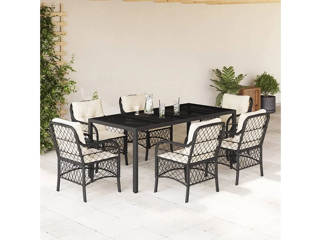 Ensemble à manger de jardin coussins 7pcs Noir Résine tressée