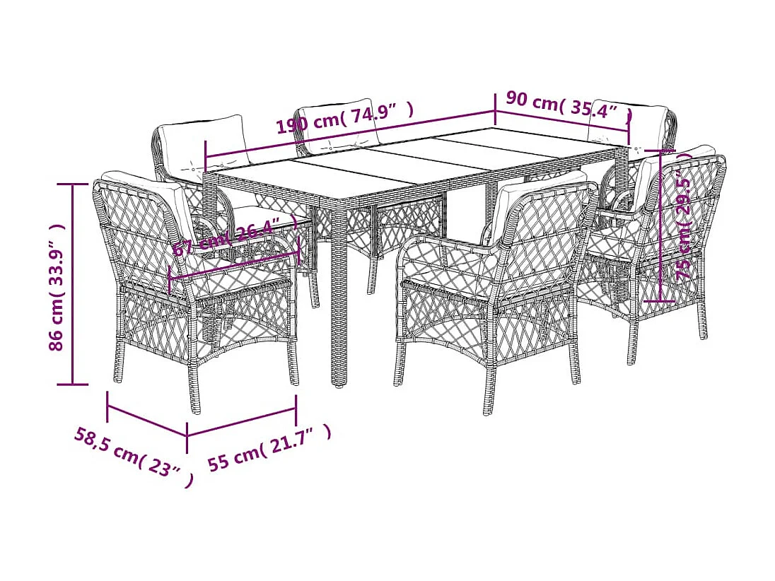 Ensemble à manger de jardin coussins 7pcs Noir Résine tressée