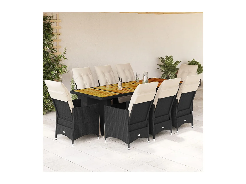 9 pcs conjunto de bistrô p/ jardim c/ almofadões vime PE preto