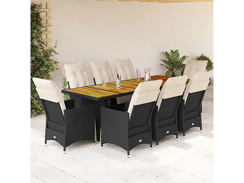 Ensemble de bistro de jardin 9 pcs coussins noir poly rotin