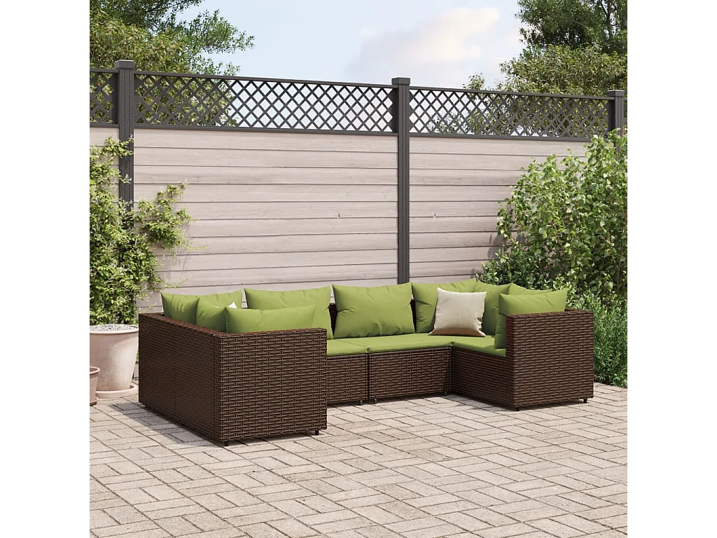 6 pcs conj. lounge jardim c/ almofadões 6 pcs vime PE castanho