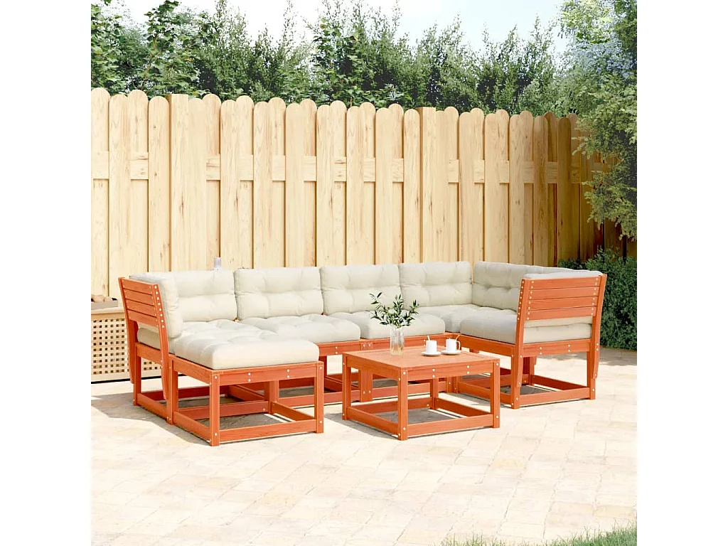 6 pcs conj. sofás jardim almofadões pinho maciço castanho cera