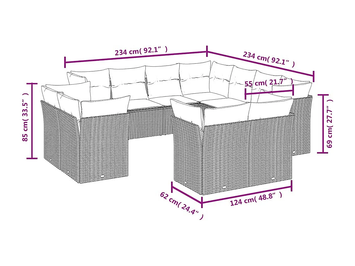 Set Divani da Giardino 11 pz con Cuscini in Polyrattan Nero