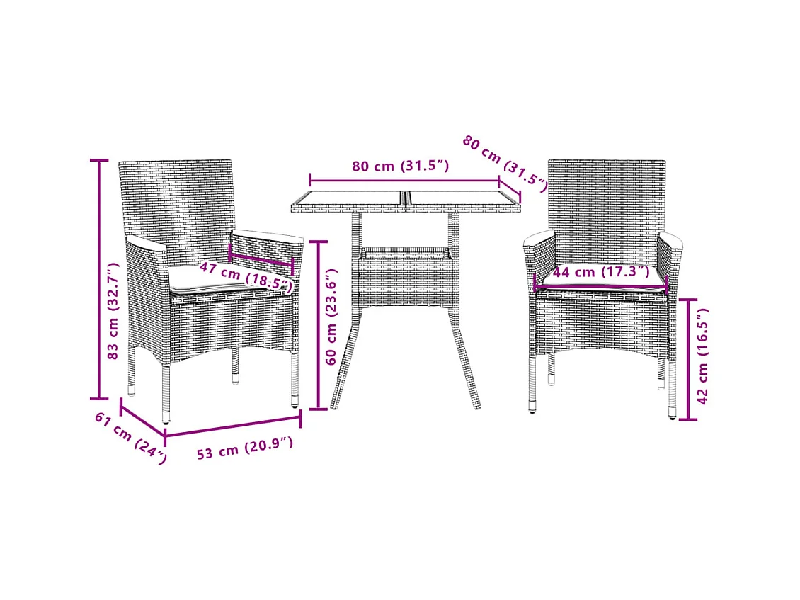 Ensemble à manger de jardin et coussins 3pcs beige rotin acacia