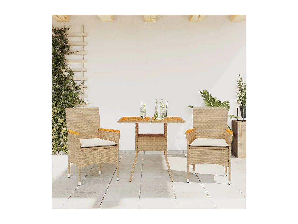 Ensemble à manger de jardin et coussins 3pcs beige rotin acacia