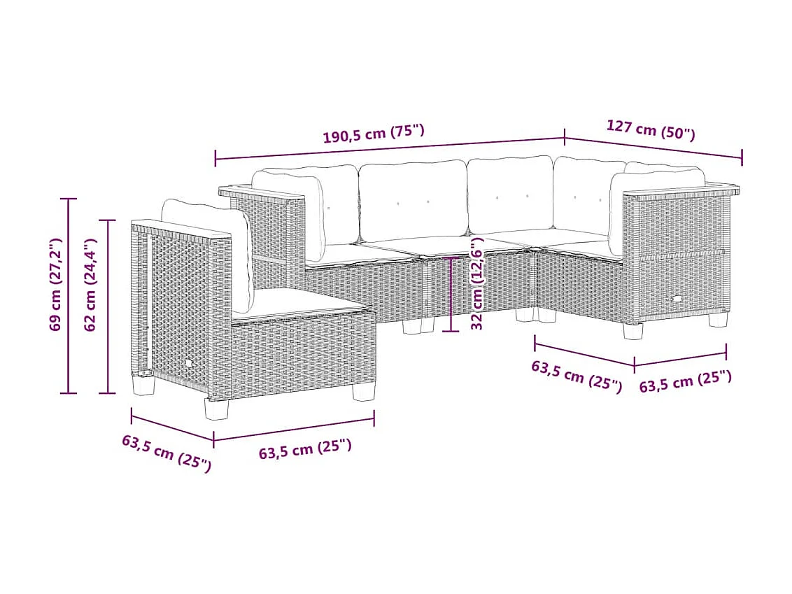 5-tlg. Garten-Sofagarnitur mit Kissen Grau Poly Rattan