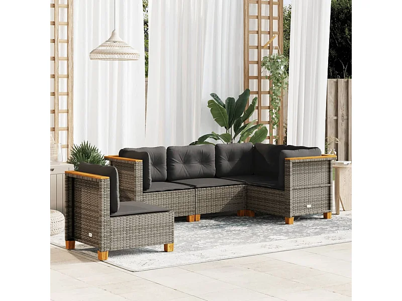 5-tlg. Garten-Sofagarnitur mit Kissen Grau Poly Rattan