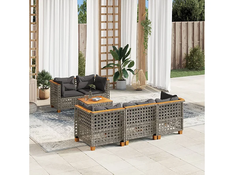 6-tlg. Garten-Sofagarnitur mit Kissen Grau Poly Rattan