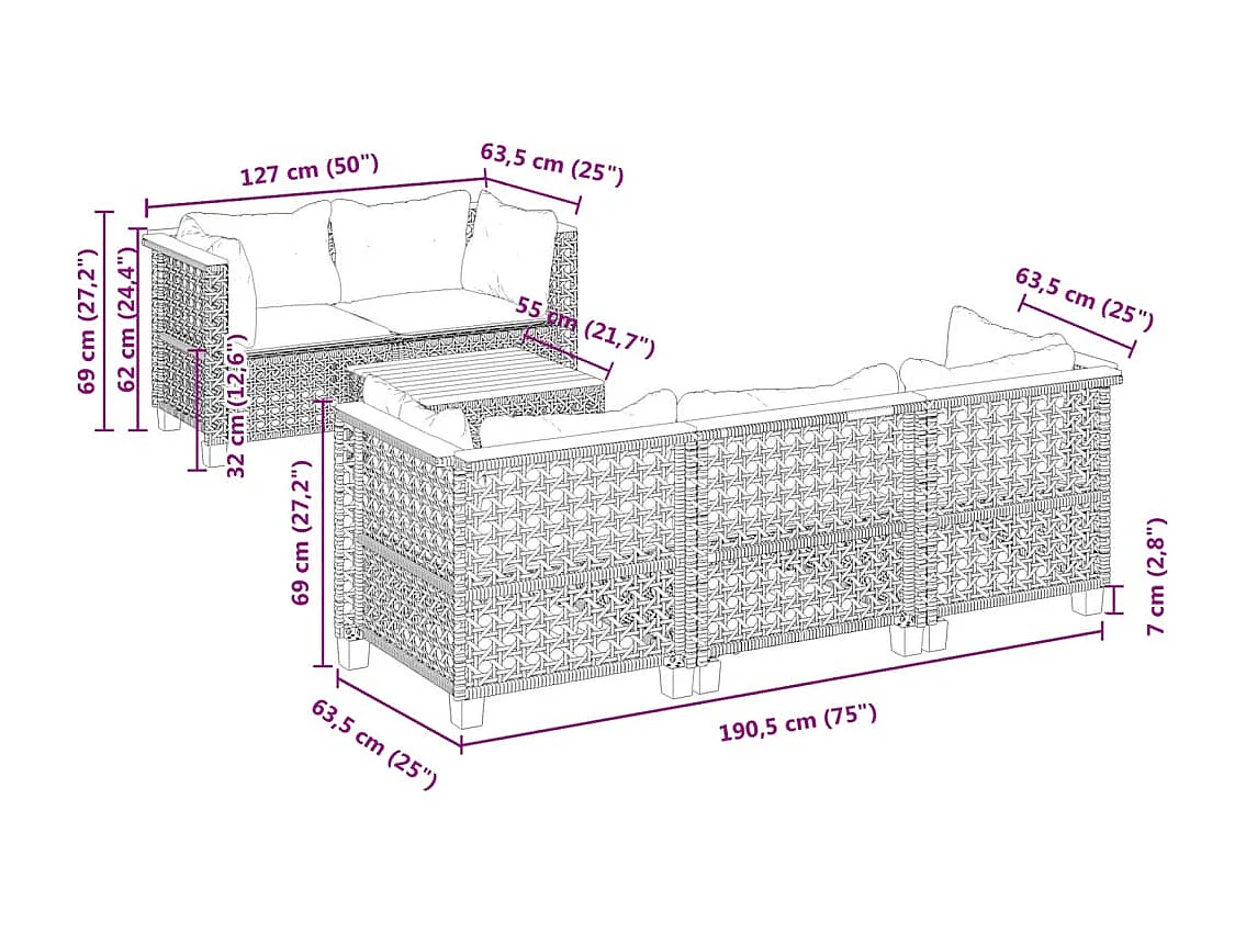 6-tlg. Garten-Sofagarnitur mit Kissen Grau Poly Rattan