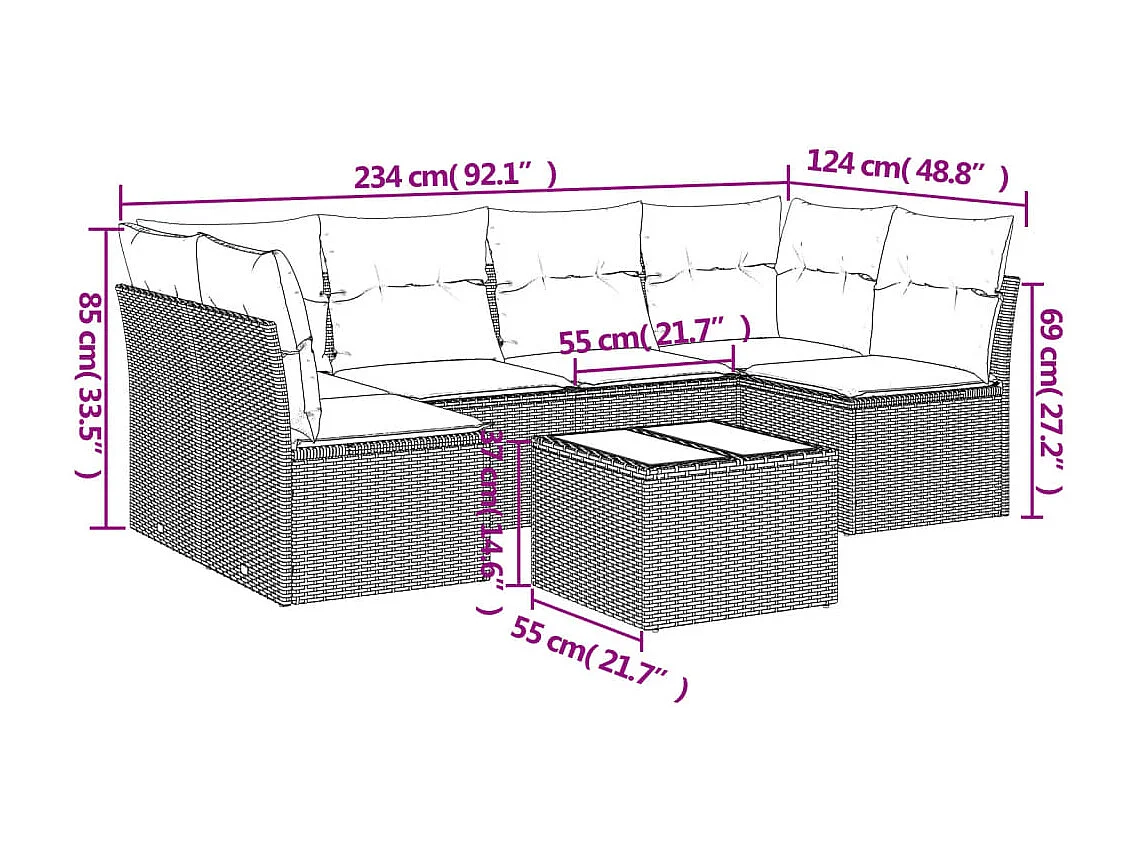 7 pcs conjunto de sofás p/ jardim com almofadões vime PE bege
