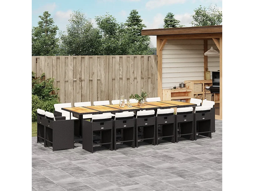 Set da Pranzo da Giardino 17 pz con Cuscini Nero in Polyrattan