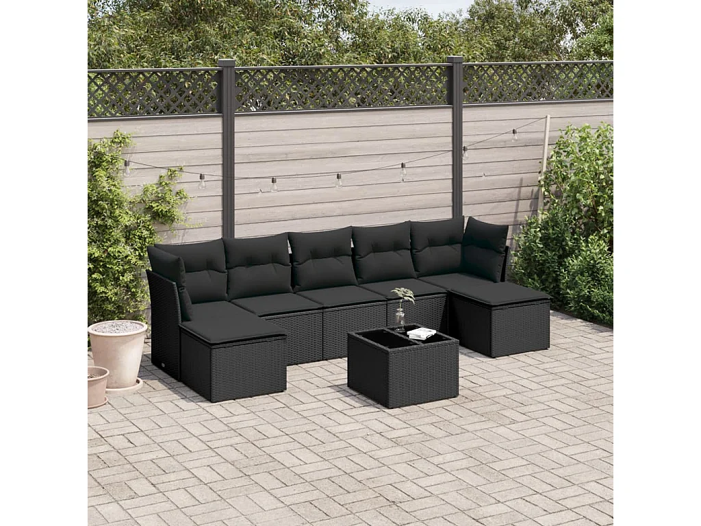 Salon de jardin 8 pcs avec coussins noir résine tressée