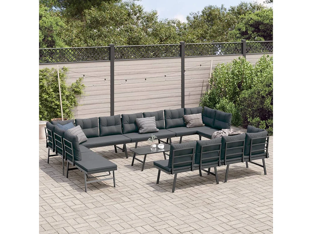 9 pcs bancos de jardim com almofadões aço revestido a pó preto