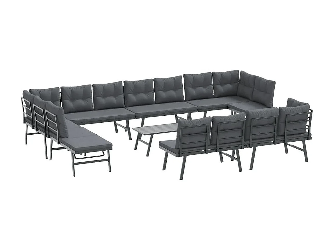 9 pcs bancos de jardim com almofadões aço revestido a pó preto