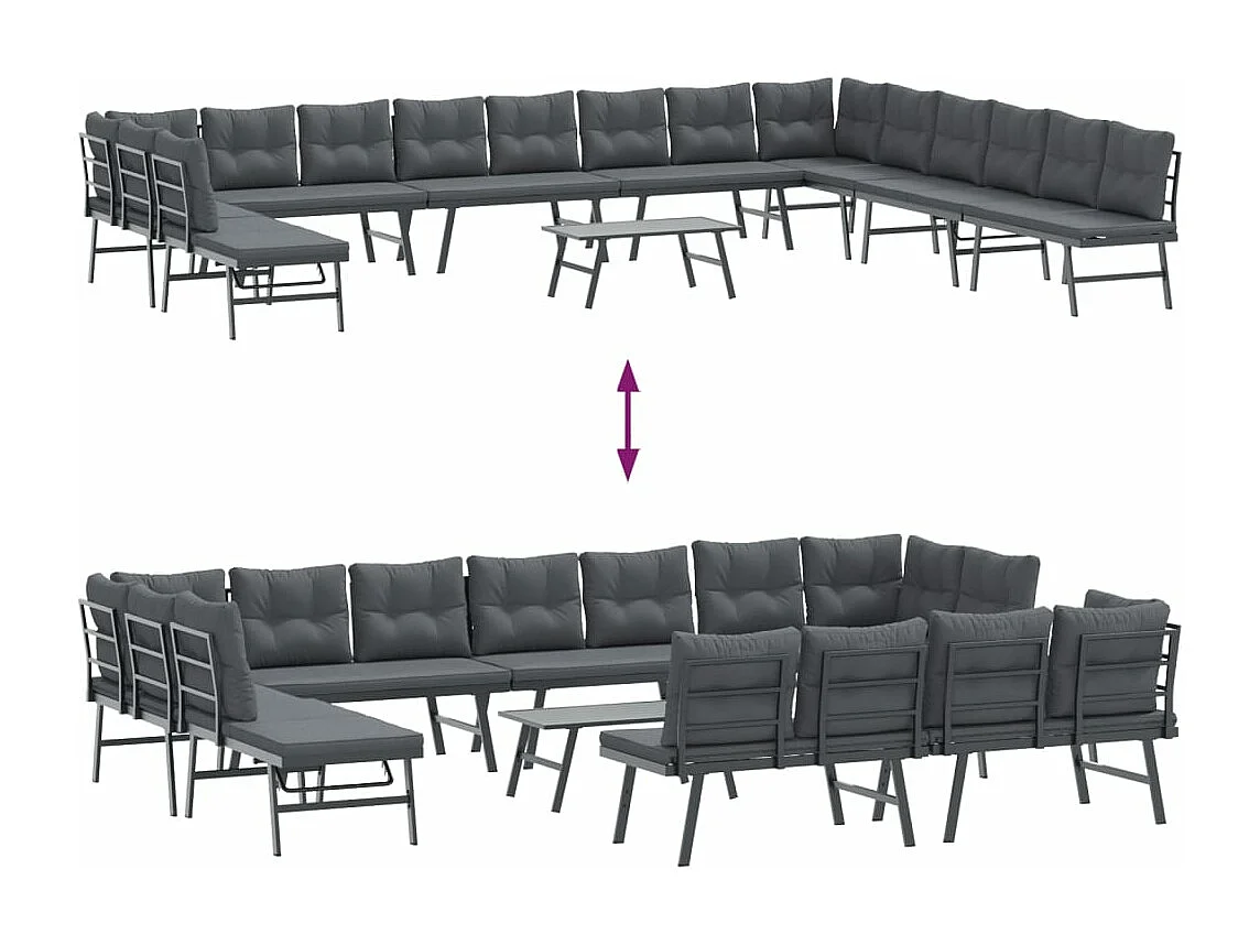 9 pcs bancos de jardim com almofadões aço revestido a pó preto