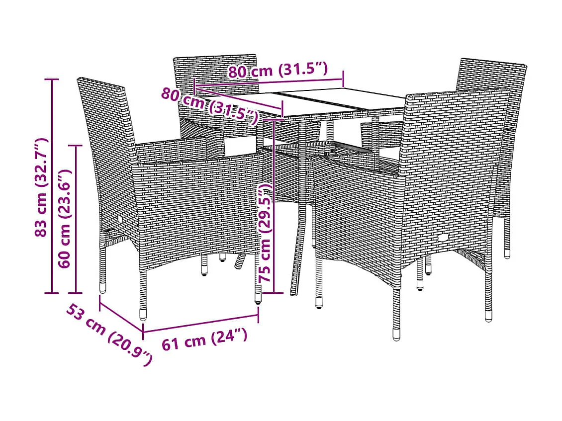 Set comedor jardín 5 pzas cojines ratán sintético vidrio marrón