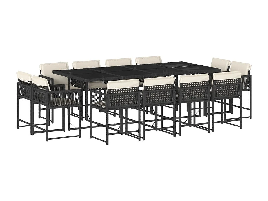 Set da Pranzo da Giardino 13pz con Cuscini Nero in Polyrattan