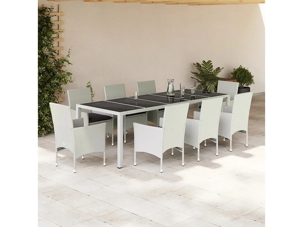 9-tlg. Garten-Essgruppe mit Kissen Weiß Poly Rattan und Glas