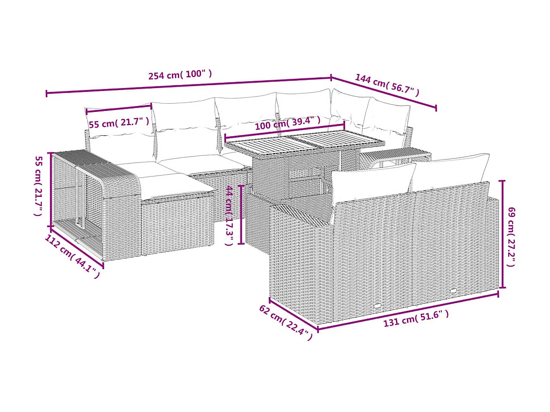 11 pcs conjunto sofás de jardim c/ almofadões vime PE preto