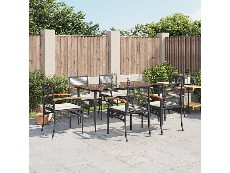 Set da Pranzo da Giardino 7 pz Nero con Cuscini in Polyrattan