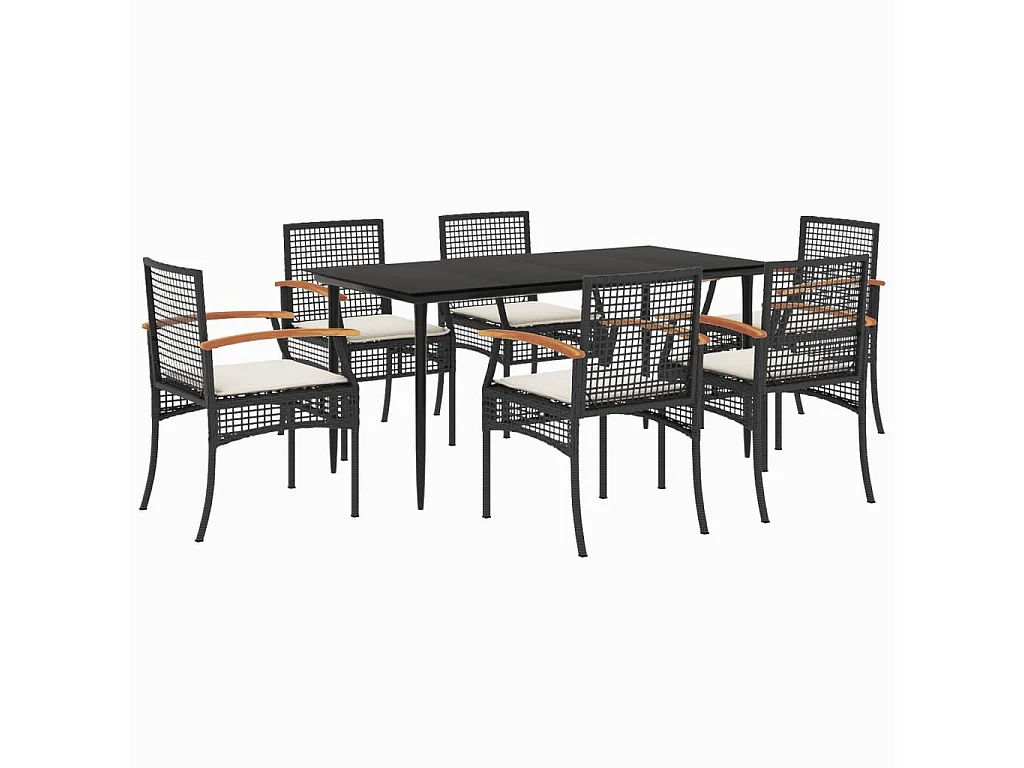 Ensemble à manger de jardin coussins 7pcs Noir Résine tressée