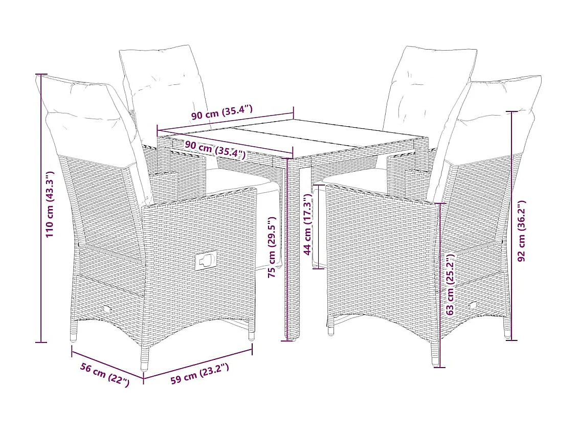 Ensemble à manger de jardin coussins 5pcs Noir Résine tressée