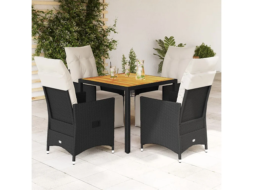 5 pcs conjunto de jantar p/ jardim c/ almofadões vime PE preto