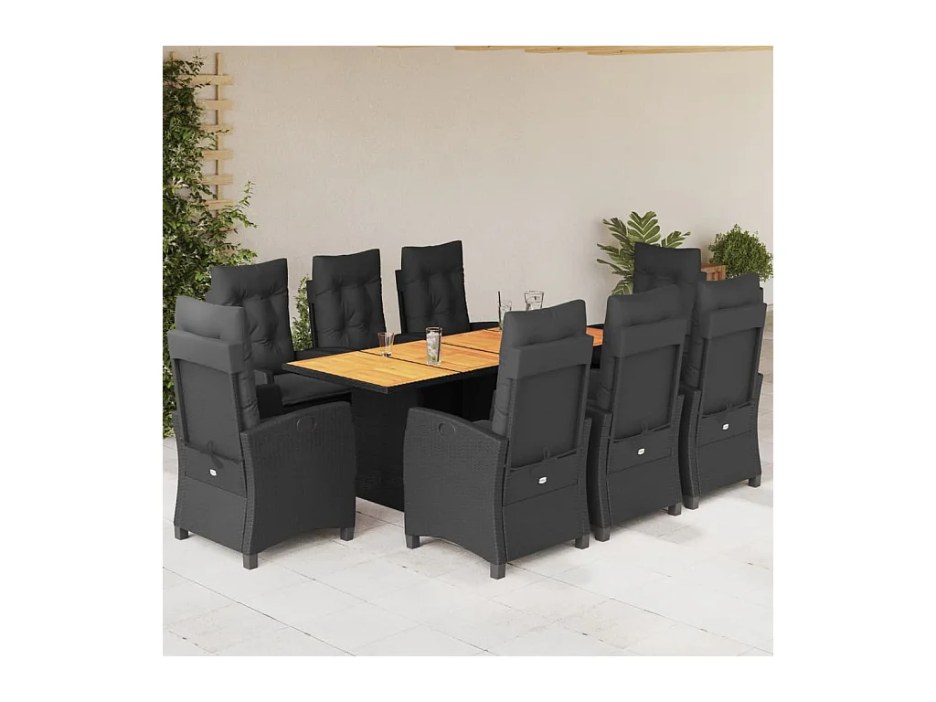 Ensemble à manger de jardin 9pcs coussins noir résine tressée