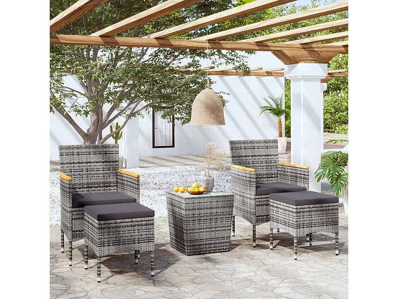 Mesa sillas jardín 5 pzas ratán sintético vidrio templado gris