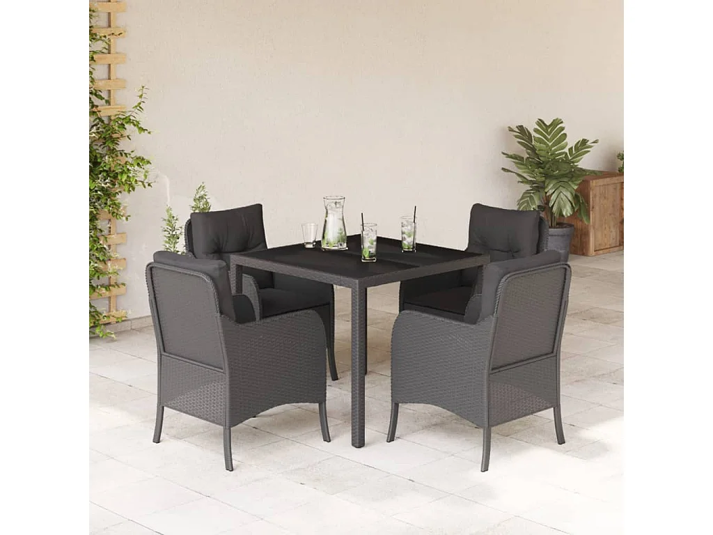 5-tlg. Garten-Essgruppe mit Kissen Schwarz Poly Rattan