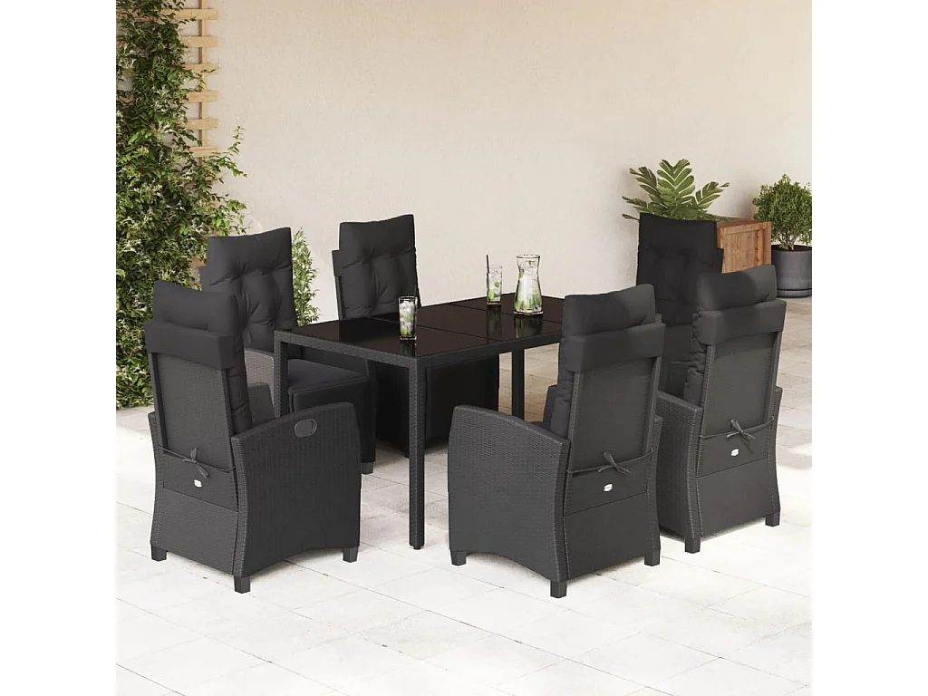 Ensemble à manger de jardin coussins 7pcs Noir Résine tressée