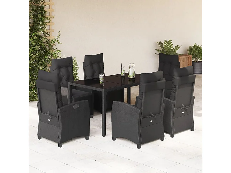 7 pcs conjunto de jantar p/ jardim c/ almofadões vime PE preto