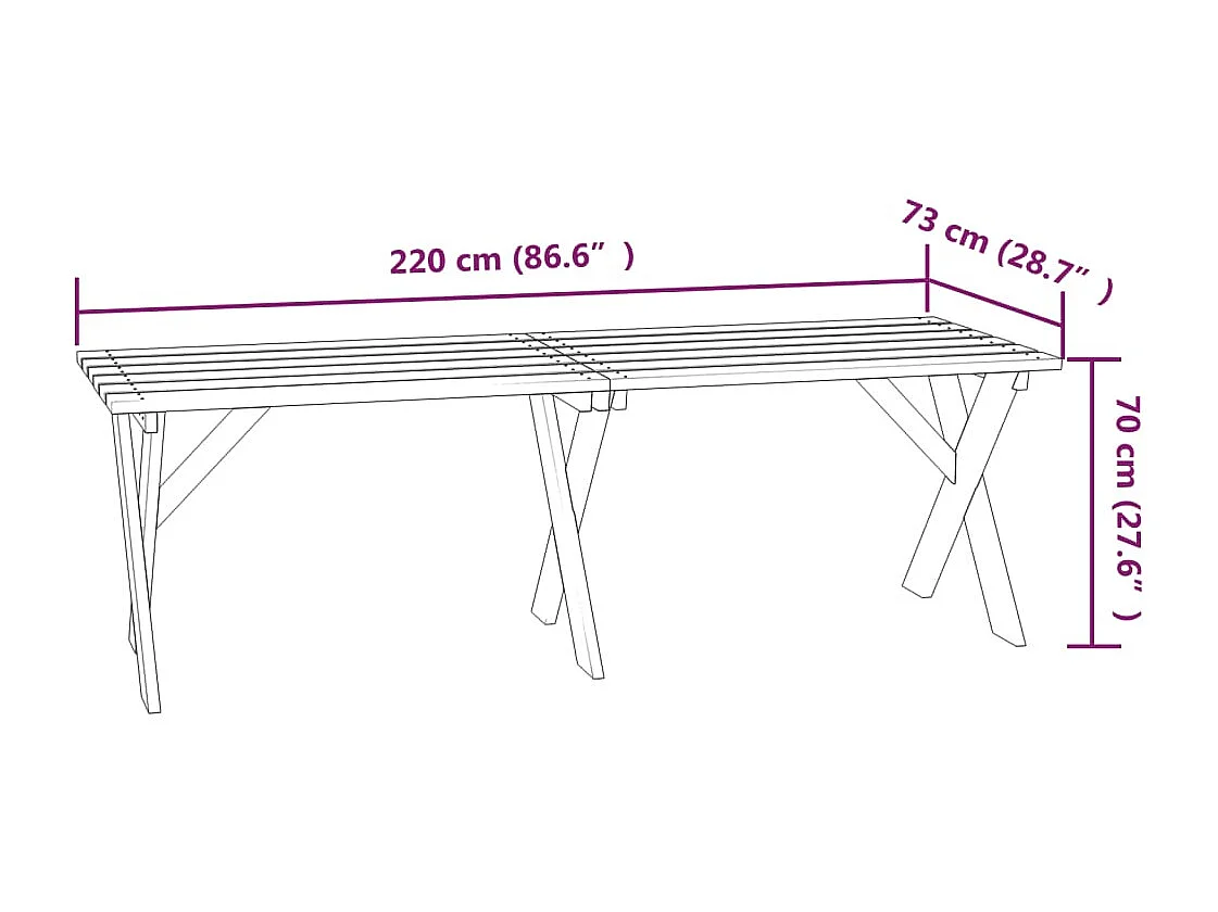 Mesa de jardim 220x73x70 cm madeira de pinho impregnada
