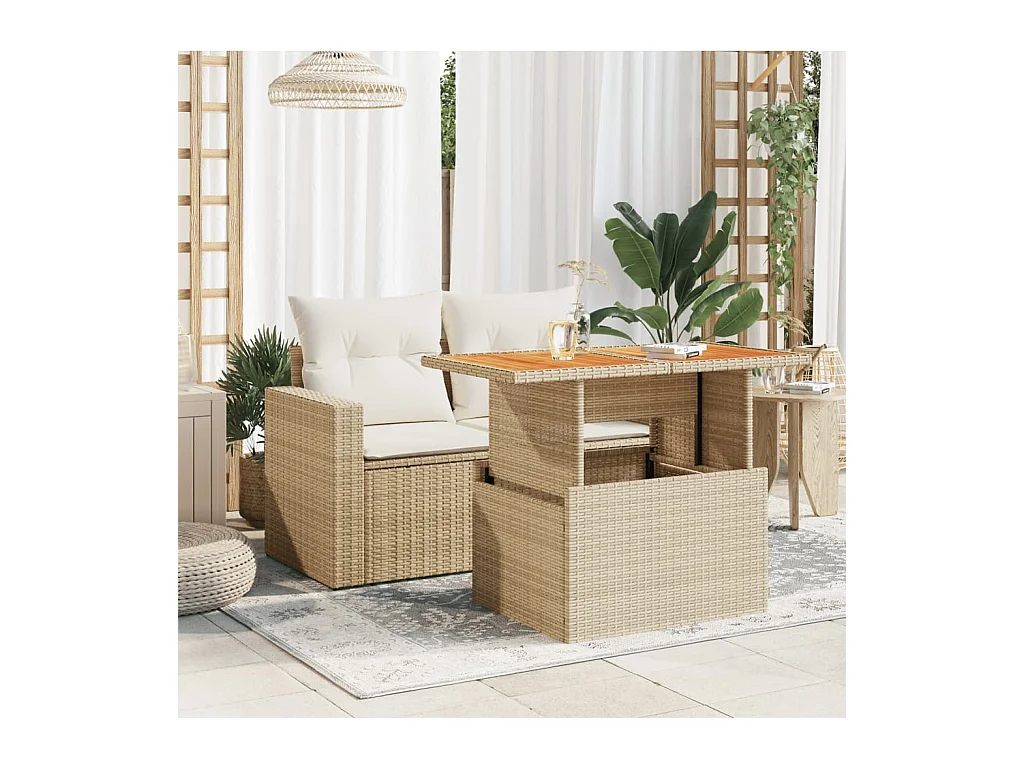 Table de jardin beige 100x55x73cm résine tressée et bois acacia