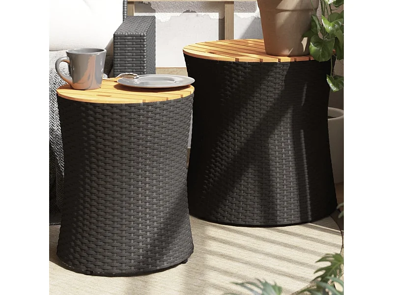 Tavolini da Giardino 2 pz con Piano in Legno Neri in Polyrattan