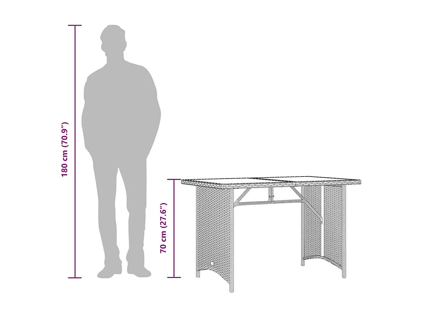 Mesa de jardim com tampo de vidro 110x68x70 cm vime PE preto
