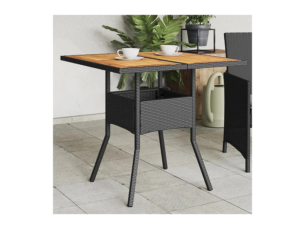 Gartentisch mit Holzplatte Schwarz 80x80x75 cm Poly Rattan