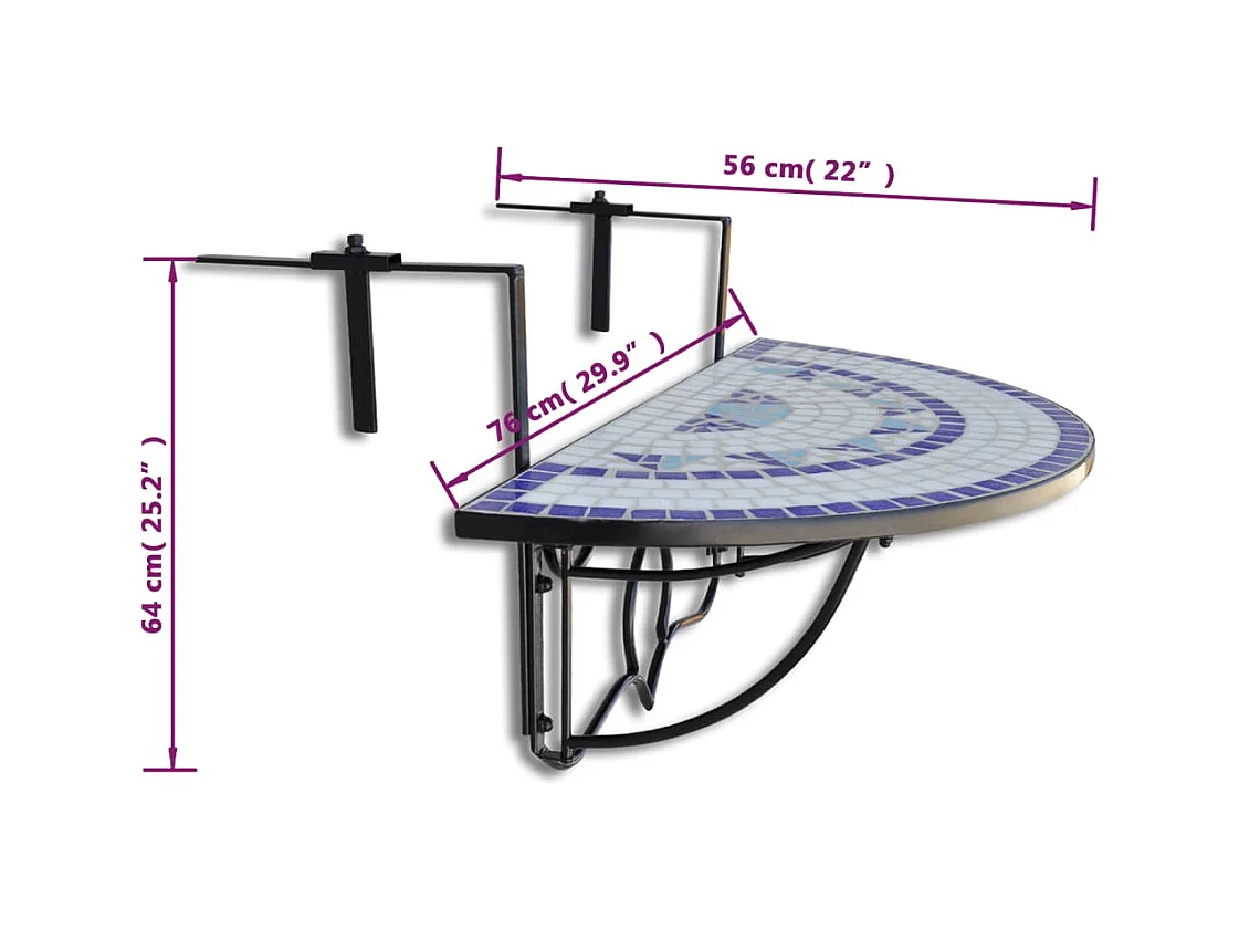Mesa de varanda suspensa mosaico azul e branco