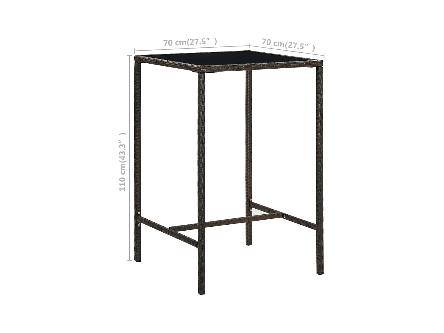 Mesa de bar para jardim 70x70x110 cm vidro e vime PE castanho