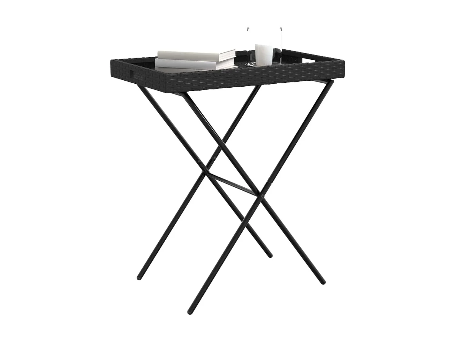 Tavolino Vassoio Pieghevole Nero 65x40x75 cm in Polyrattan