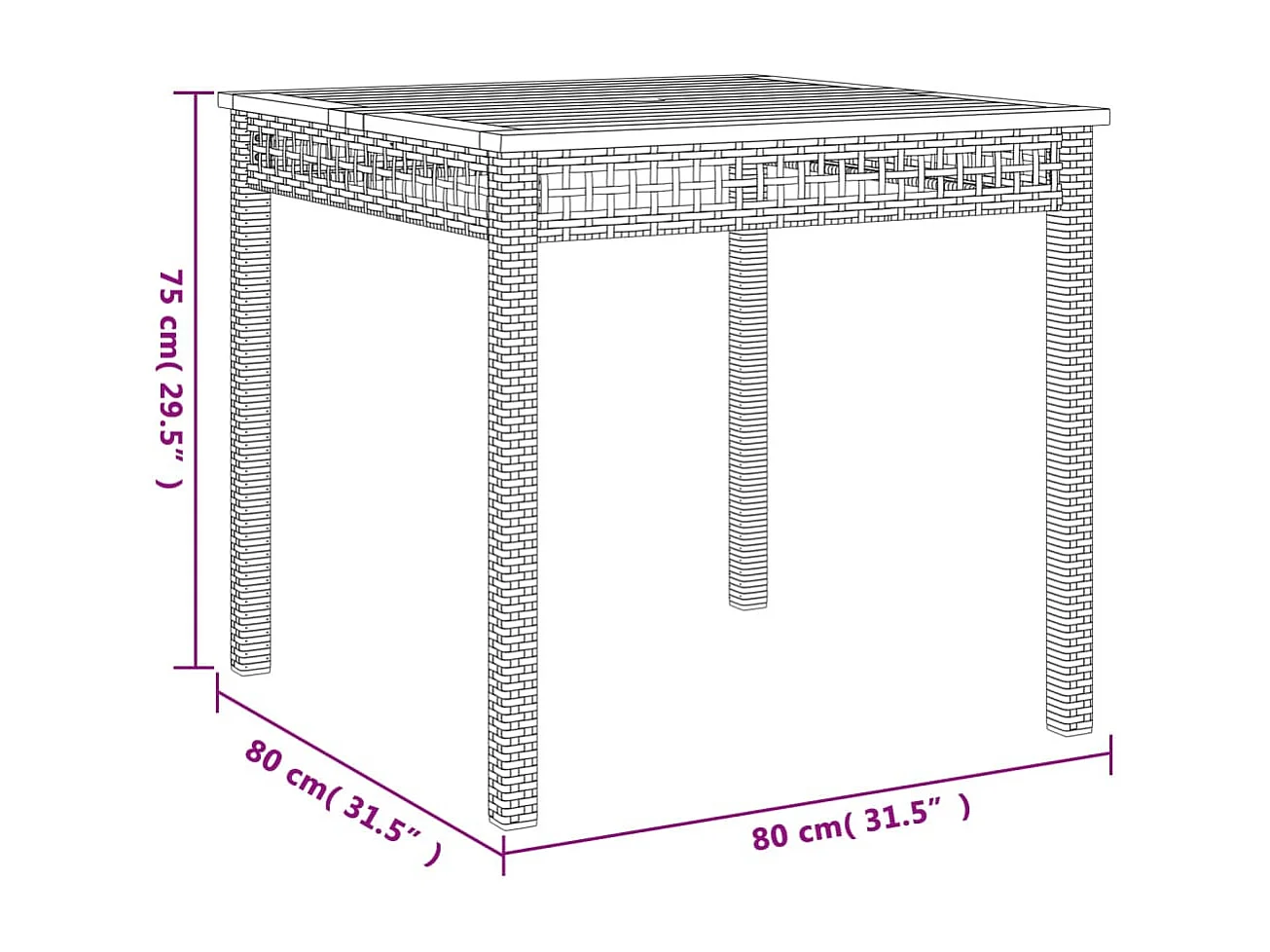 Table de jardin gris 80x80x74 cm résine tressée et bois acacia