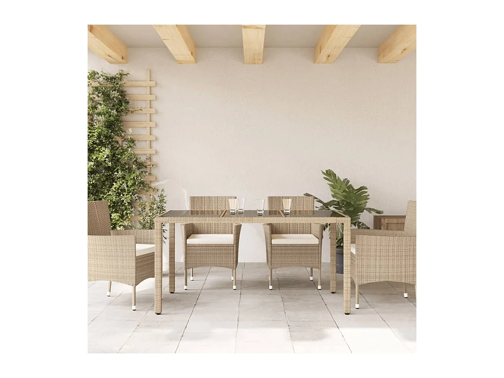 Tuintafel met glazen blad 150x90x75 cm poly rattan beige
