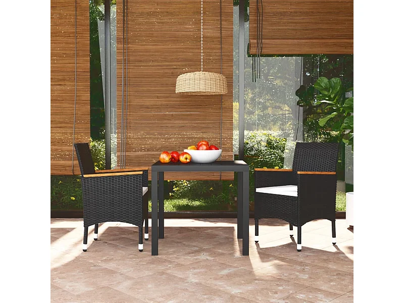 Ensemble à dîner de jardin avec coussins 3 pcs poly rotin noir