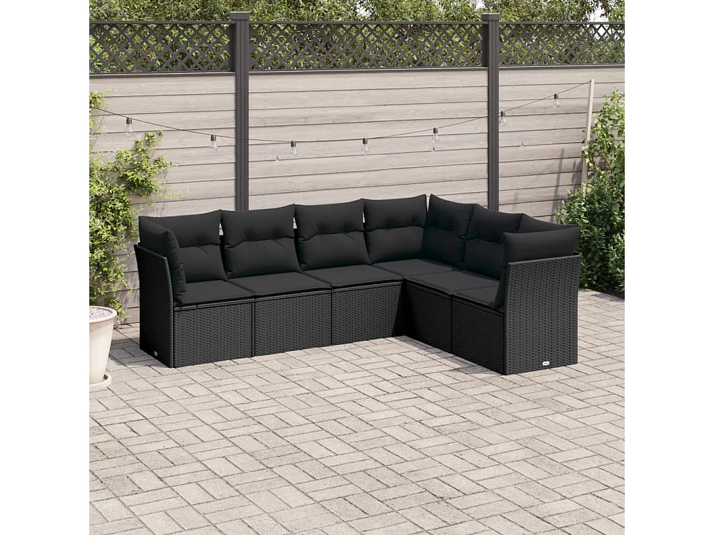 Salon de jardin 6 pcs avec coussins noir résine tressée