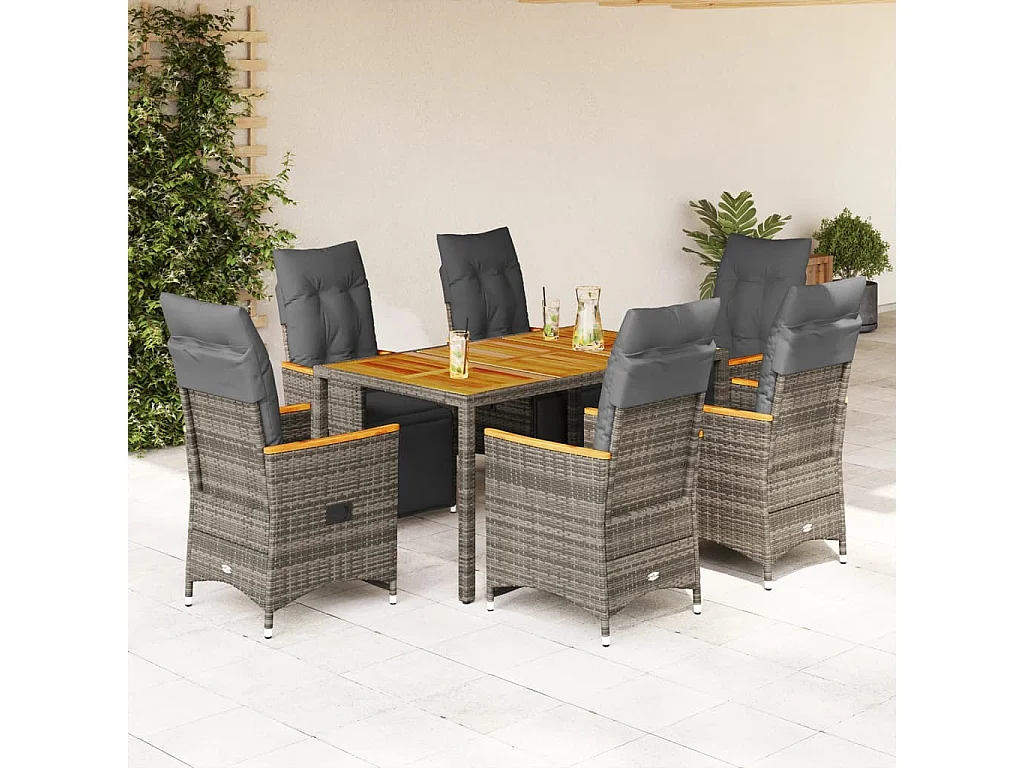 7-tlg. Garten-Bistro-Set mit Kissen Grau Poly Rattan