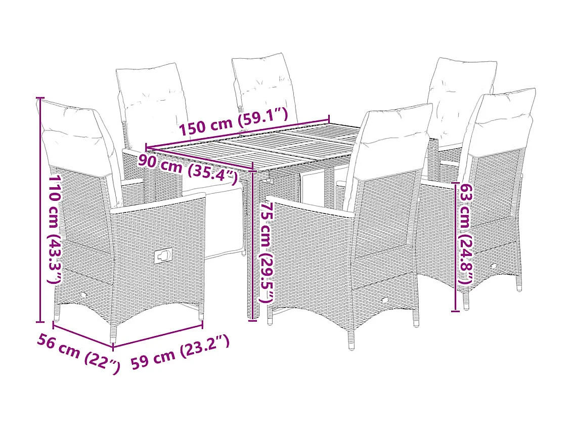 7-tlg. Garten-Bistro-Set mit Kissen Grau Poly Rattan