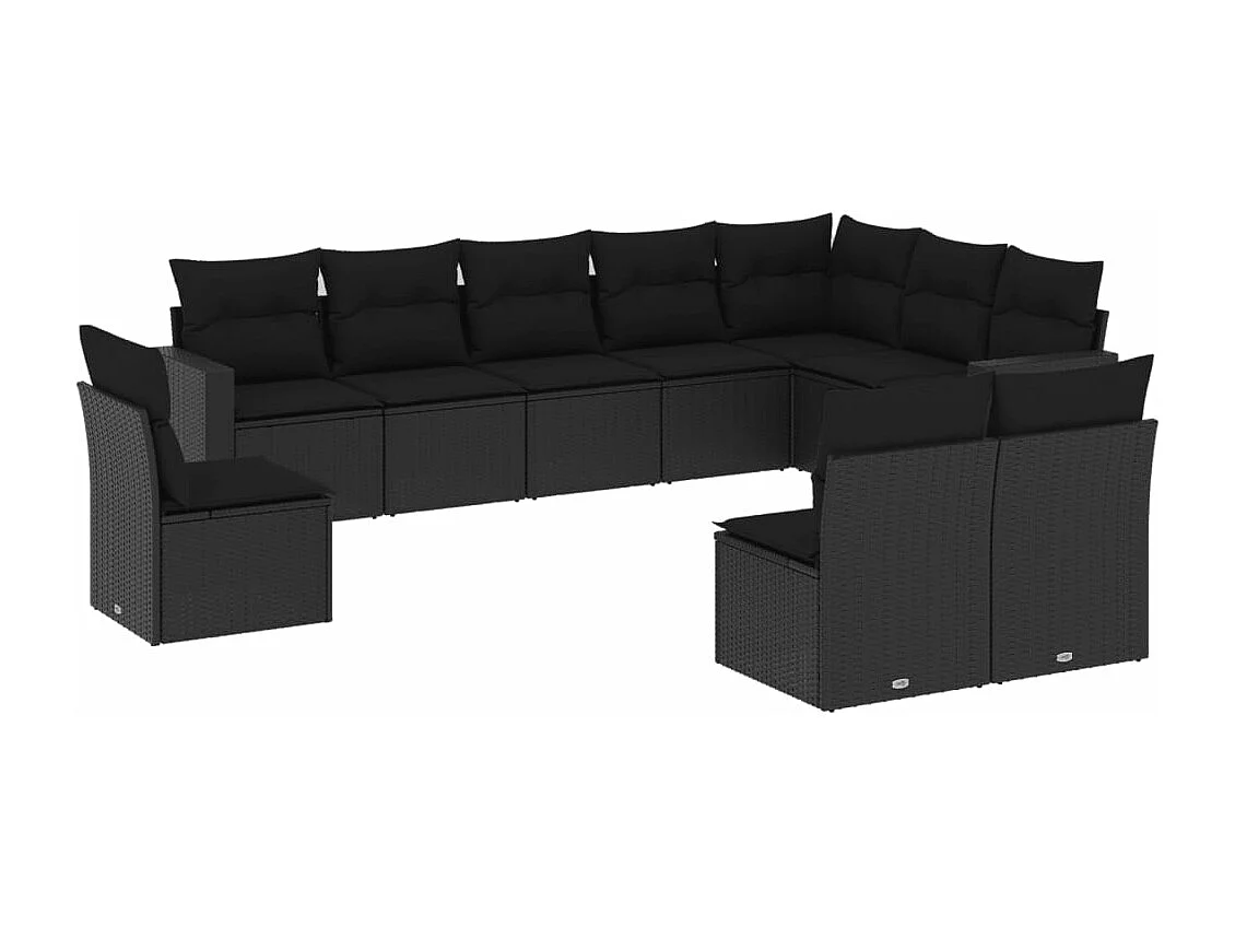 10-tlg. Garten-Sofagarnitur mit Kissen Schwarz Poly Rattan